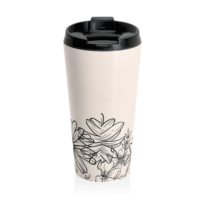 Floral Sketch Stainless Steel Travel Mug — Black Daisy Line Art on Cream