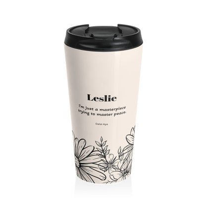 Floral Sketch Stainless Steel Travel Mug — Black Daisy Line Art on Cream